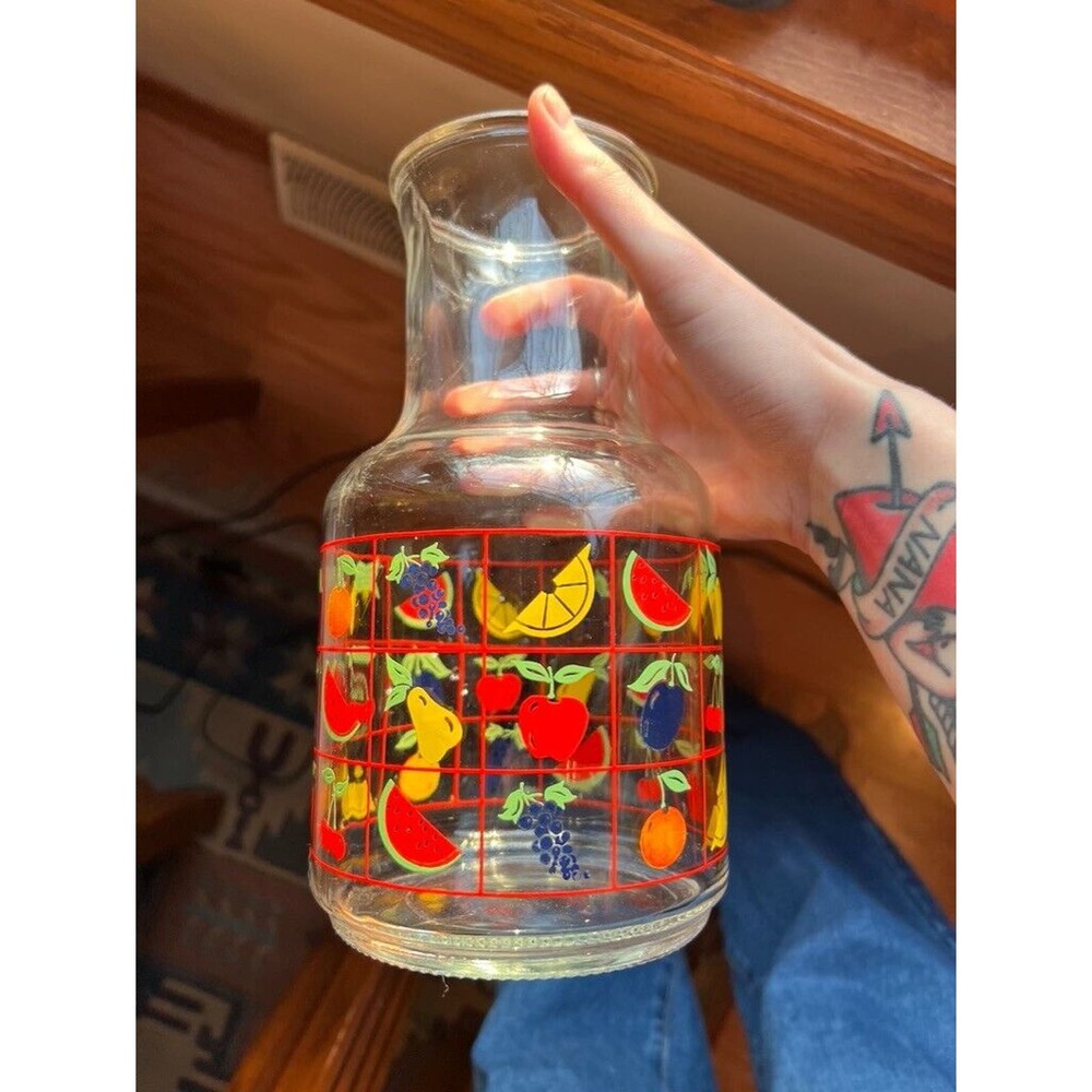 Vintage Juice Carafe Pitcher with Vibrant Fruit Designs- Handblown glass - 1970s